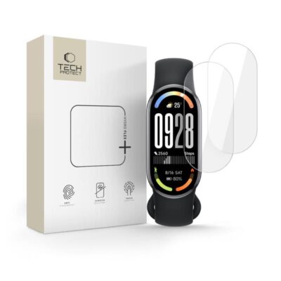 Apsauginė ekrano plėvelė Xiaomi Smart Band 8 9 10 NFC Hofi Hydro Flex Pro+ 2 pack su įrengtu juodu išmaniųjų apyrankės dirželiu ir pakuote
