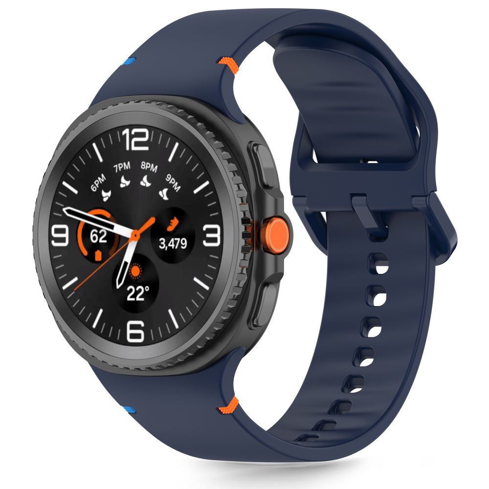 Tamsiai mėlyna silikoninė apyrankė Samsung Galaxy Watch 8 Classic Tamsiai mėlyna silikoninė apyrankė Samsung Galaxy Watch 8 Classic su oranžinėmis detalėmis
