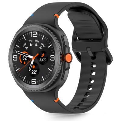 Juoda silikoninė apyrankė Samsung Galaxy Watch 8 Classic su oranžiniais akcentais