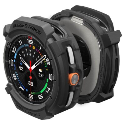 Juodas matinis dėklas Samsung Galaxy Watch 8 Classic 46 MM Spigen Rugged Armor su apsauginiu stiliumi