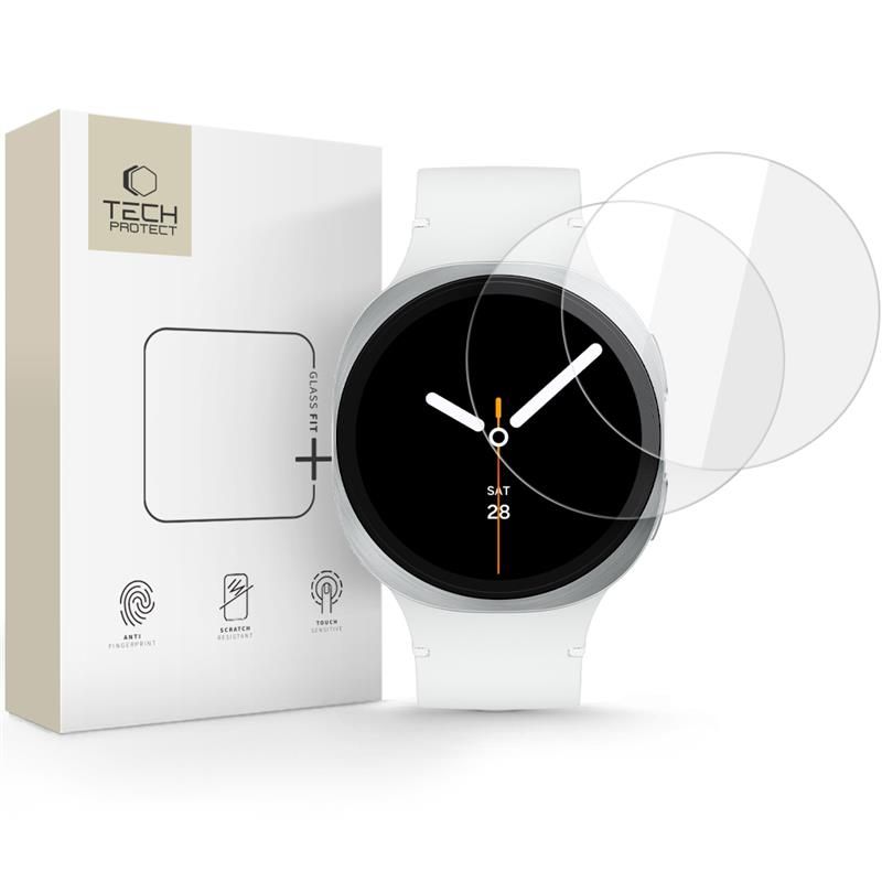 Skaidrus apsauginis stiklas Samsung Galaxy Watch 8 40MM TECH-PROTECT GLASS FIT+ 2-PACK Skaidrus apsauginis stiklas Samsung Galaxy Watch 8 40MM TECH-PROTECT GLASS FIT plus 2-pack pakuotėje su baltu išmaniuoju laikrodžiu