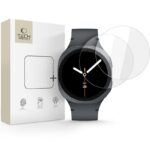 Skaidrus apsauginis stiklas Samsung Galaxy Watch 8 44MM TECH-PROTECT GLASS FIT 2-PACK pakuotėje su juodu laikrodžiu