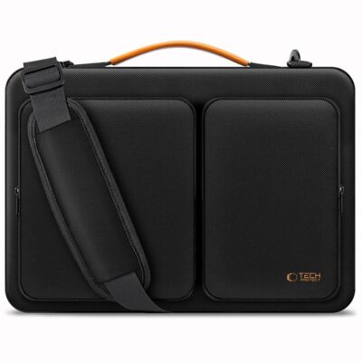 Juodas-oranžinis krepšys Laptop 15-16 TECH-PROTECT DEFENDER BAG su oranžine rankena ir dviem juodais priekiniais skyriais