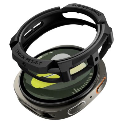 Juodas matinis dėklas Samsung Galaxy Watch 8 44mm Spigen Rugged Armor su užrašu Shock Resist