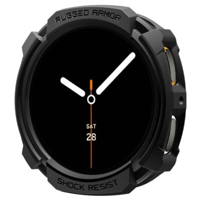 Juodas matinis dėklas Samsung Galaxy Watch 8 44mm Spigen Rugged Armor su apsauga nuo smūgių
