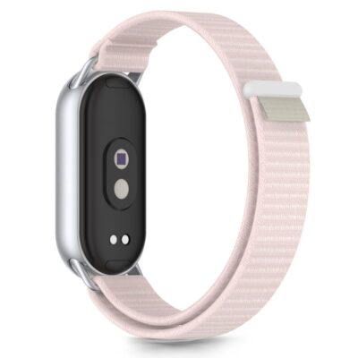 Rausva-pilka apyrankė Xiaomi Smart Band 8 9 10 NFC Tech-Protect Nylon Stripe su juodos spalvos išmaniojo laikrodžio moduliu