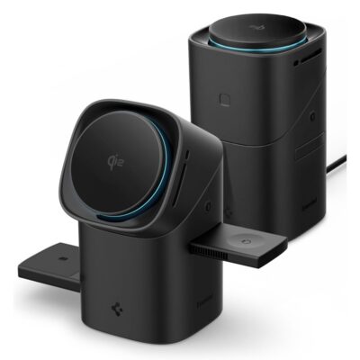 Juodas belaidis pakrovėjas SPIGEN ESSENTIAL EF223MS 3IN1 QI2 Rotary Magnetic MagSafe Wireless Charger su šviesos žiedu