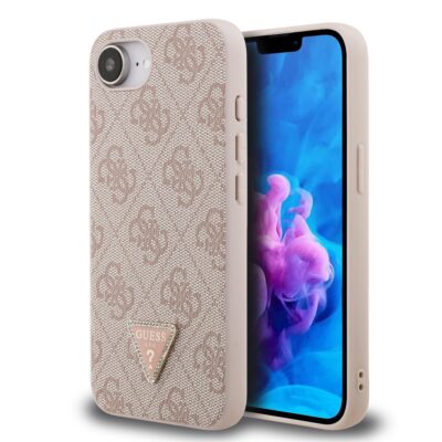 Rausvas originalus dėklas Guess PU 4G Strass Triangle Metal Logo telefonui Apple iPhone 16E su tekstūruota raštuota nugara ir metaliniu logotipu