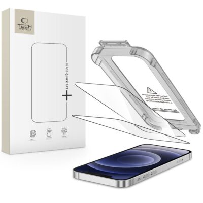 Juodas apsauginis stiklas telefonui Apple Iphone 12 12 Pro Tech-Protect Quick Set plus 2 pakuotes su tvirtinimo rėmeliu