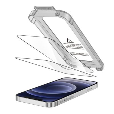Juodas apsauginis stiklas telefonui Apple Iphone 12 ir 12 Pro su montavimo sistema Tech-Protect Quick Set