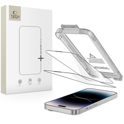 Juodas apsauginis stiklas telefonui Apple Iphone 14 Pro Tech-Protect Quick Set plus 2-Pack su ekrano apsauga ir tvirtinimo rėmeliu