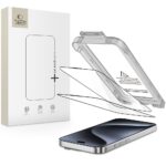 Juodas apsauginis stiklas telefonui Apple Iphone 15 Pro Tech-Protect Quick Set komplekte su įrankių rėmeliu.