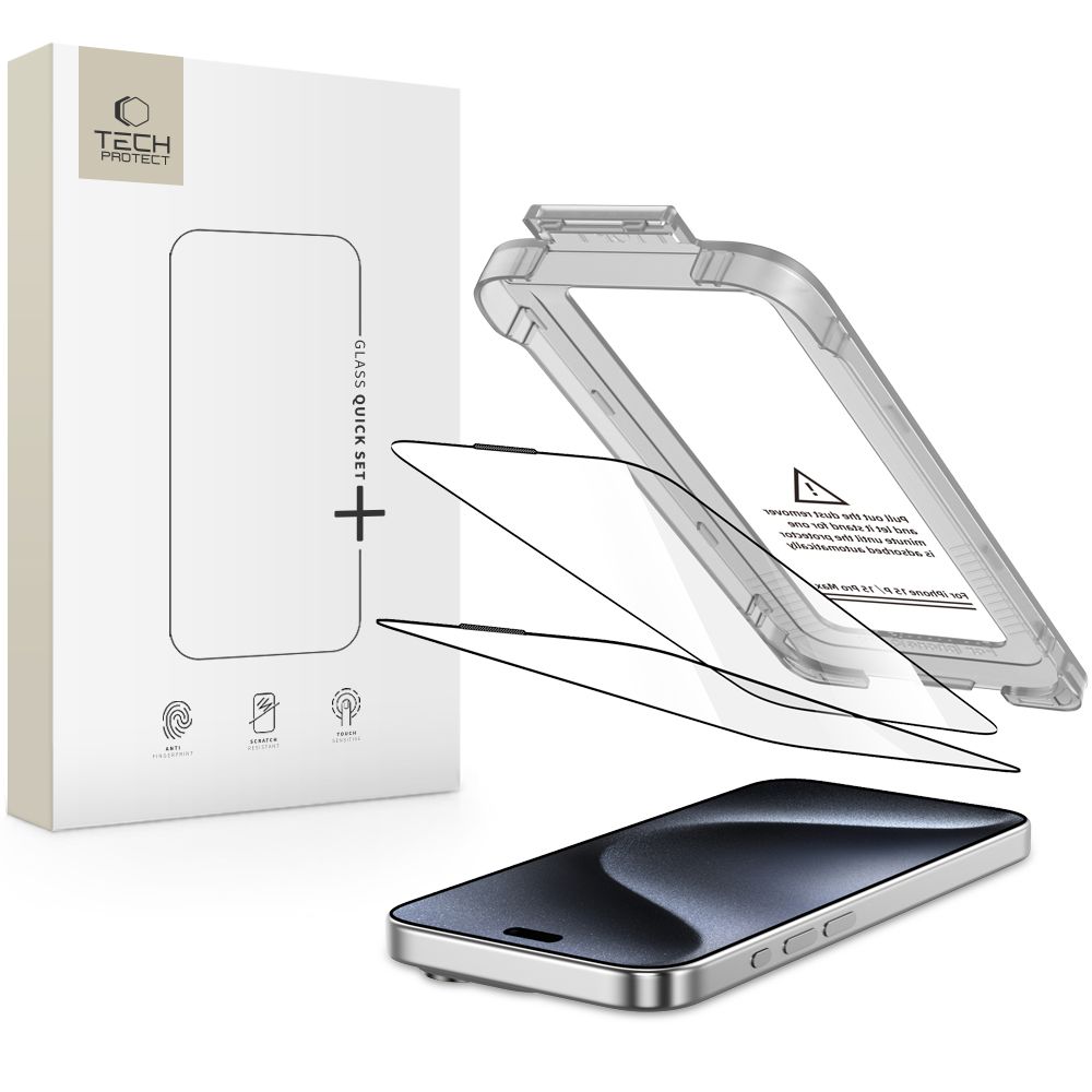 Juodas apsauginis stiklas Apple Iphone 15 Pro Max Tech-Protect Quick Set +2-Pack Juodas apsauginis stiklas telefonui Apple Iphone 15 Pro Max Tech-Protect Quick Set +2-Pack su įdėjimo sistema