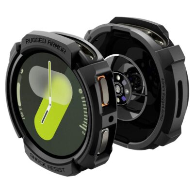 Juodas matinis dėklas Samsung Galaxy Watch 8 40mm Spigen Rugged Armor apsaugo laikrodžio korpusą