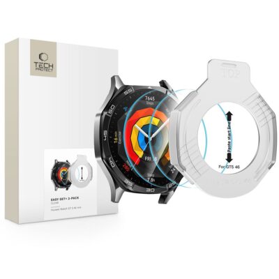 Skaidrus apsauginis ekrano stiklas Huawei Watch GT 5 46mm TECH-PROTECT EASY SET 2-PACK pakuotėje su laikrodžiu