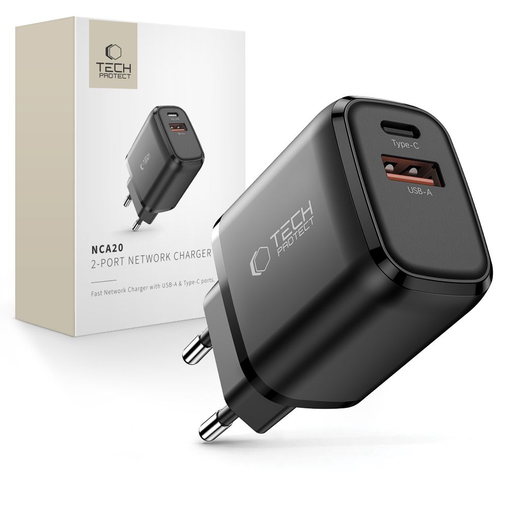 Juodas buitinis pakrovėjas TECH-PROTECT NCA20 Juodas buitinis pakrovėjas TECH-PROTECT NCA20 su dviem USB jungtimis Type-C ir USB-A