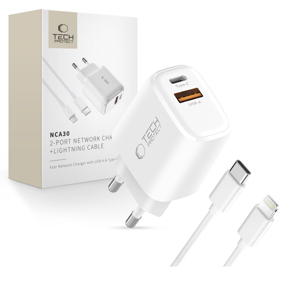 TECH-PROTECT NCA30 buitinis pakrovėjas 2-port Baltas buitinis pakrovėjas TECH-PROTECT NCA30 su USB-A ir Type-C jungtimis ir Lightning kabeliu