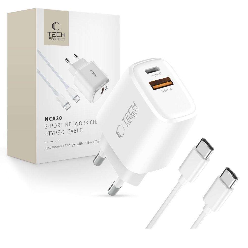 Baltas buitinis pakrovėjas TECH-PROTECT NCA20 Baltas buitinis pakrovėjas TECH-PROTECT NCA20 su dviem USB jungtimis ir Type-C kabeliu