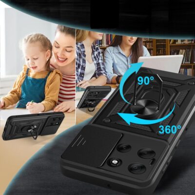 Juodas dėklas Motorola Moto G86 5G su sukamu laikikliu ir kameros dangteliu