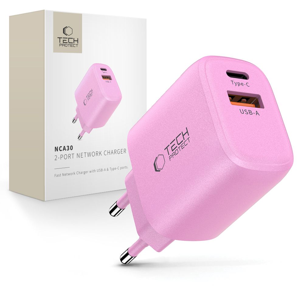Rožinis buitinis pakrovėjas TECH-PROTECT NCA30 Rožinis buitinis pakrovėjas TECH-PROTECT NCA30 2-Port Network Charger su USB-A ir Type-C jungtimis