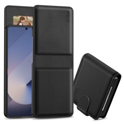 Juodas atverčiamas dėklas Samsung Galaxy Z Flip 6 / 7 FE Tech-Protect Wallet su kortelių lizdu