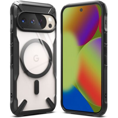 Juodas dėklas Google Pixel 10 ir 10 Pro su skaidriu korpuso viduriu ir magnezu