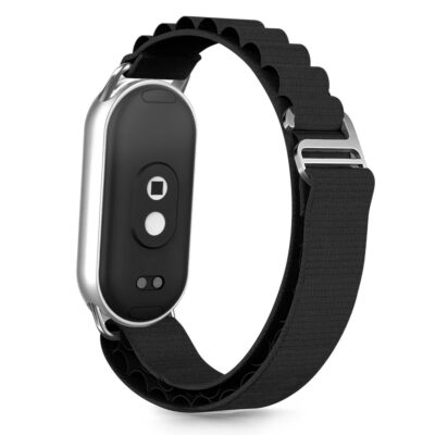 Juoda apyrankė Xiaomi Smart Band 8 9 10 NFC Tech Protect Nylon Pro su metaline sagtimi ir tinklelio raštu