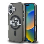 Juodas dėklas telefonui Apple iPhone 16 Karl Lagerfeld IML Glitter Karl and Choupette Sketch MagSafe su blizgiomis dalelėmis ir piešiniu