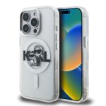 Skaidrus deklas telefonui Apple iPhone 15 Pro Karl Lagerfeld IML Glitter su Karl ir Choupette piešiniu ir blizgučiais