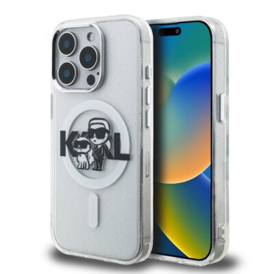 Skaidrus deklas telefonui Apple iPhone 15 Pro Karl Lagerfeld IML Glitter su Karl ir Choupette piešiniu ir blizgučiais