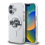 Skaidrus dėklas telefonui Apple iPhone 16 su blizgučiais ir Karl bei Choupette animaciniais veikėjais