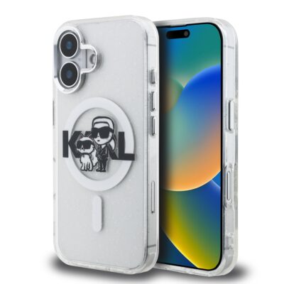 Skaidrus dėklas telefonui Apple iPhone 16 su blizgučiais ir Karl bei Choupette animaciniais veikėjais