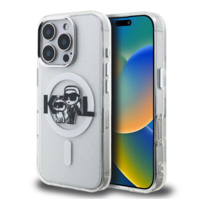 Skaidrus dėklas telefonui Apple iPhone 16 Pro Max Karl Lagerfeld IML Glitter su Karl ir Choupette piešiniu