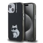 Juodas dėklas telefonui Apple Iphone 15 su Karl Lagerfeld IML Aquarelle Choupette nebojančiu kačiuku