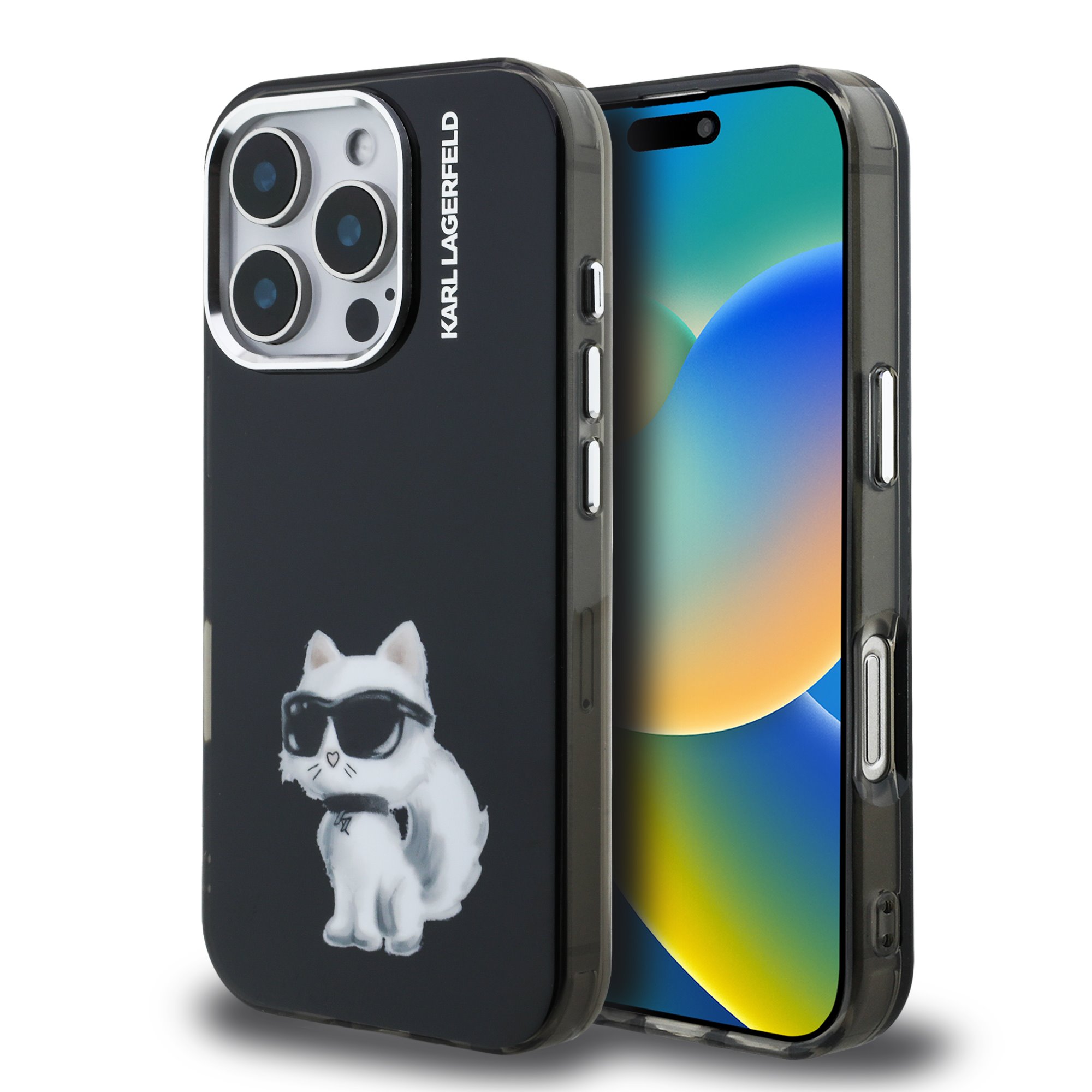 Juodas dėklas telefonui Apple Iphone 16 Pro Karl Lagerfeld IML Aquarelle Choupette Juodas dėklas telefonui Apple Iphone 16 Pro su Karl Lagerfeld Choupette piešiniu