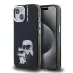 Juodas dėklas telefonui Apple Iphone 15 su Karl Lagerfeld ir Choupette piešiniu