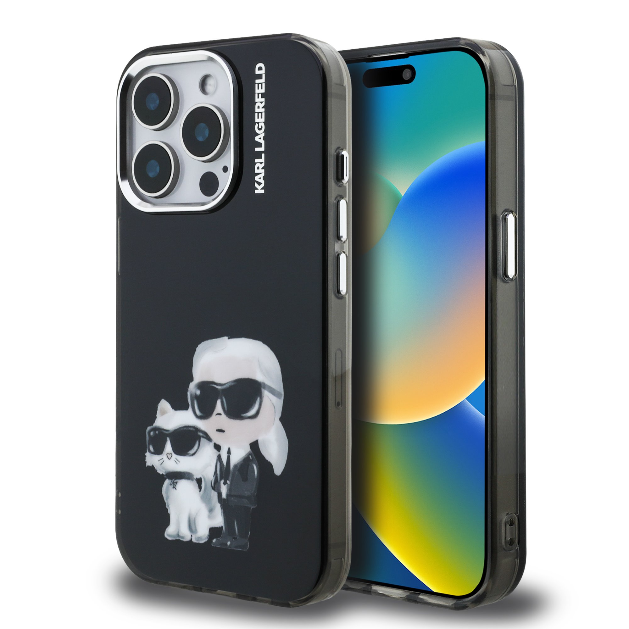 Juodas dėklas telefonui Apple Iphone 15 Pro Karl Lagerfeld IML Aquarelle Juodas dėklas telefonui Apple Iphone 15 Pro su Karl Lagerfeld ir katės piešiniais