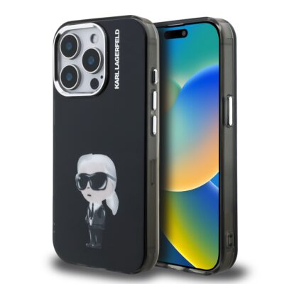 Juodas dėklas telefonui Apple Iphone 15 Pro su Karl Lagerfeld piešiniu ir baltais užrašais