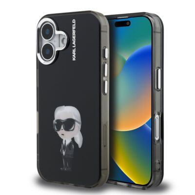Juodas dėklas telefonui Apple Iphone 16 Karl Lagerfeld IML Aquarelle Karl su stilizuota karl lagerfeld figūrėle