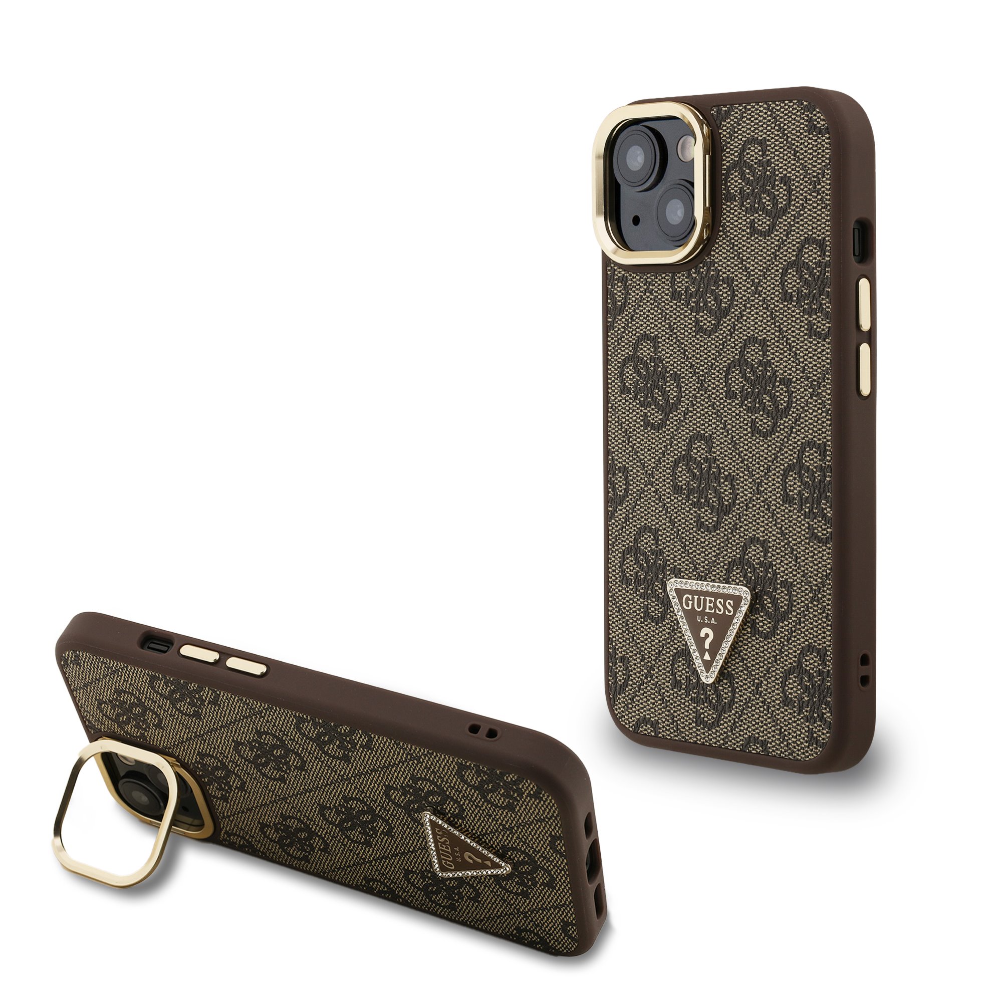 Rudas dėklas Guess PU 4G Strass Triangle Logo Stand Iphone 14 Rudas dėklas Guess PU 4G Strass Triangle Logo Stand Camera Frame MagSafe telefonui Apple Iphone 14 su raštu ir metaliniu apvadu kamera