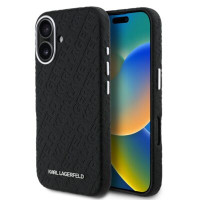 Juodas originalus dėklas Karl Lagerfeld Grained PU Repeated Logo MagSafe telefonui Apple Iphone 16 juoda spalva ir reljefinis raštas