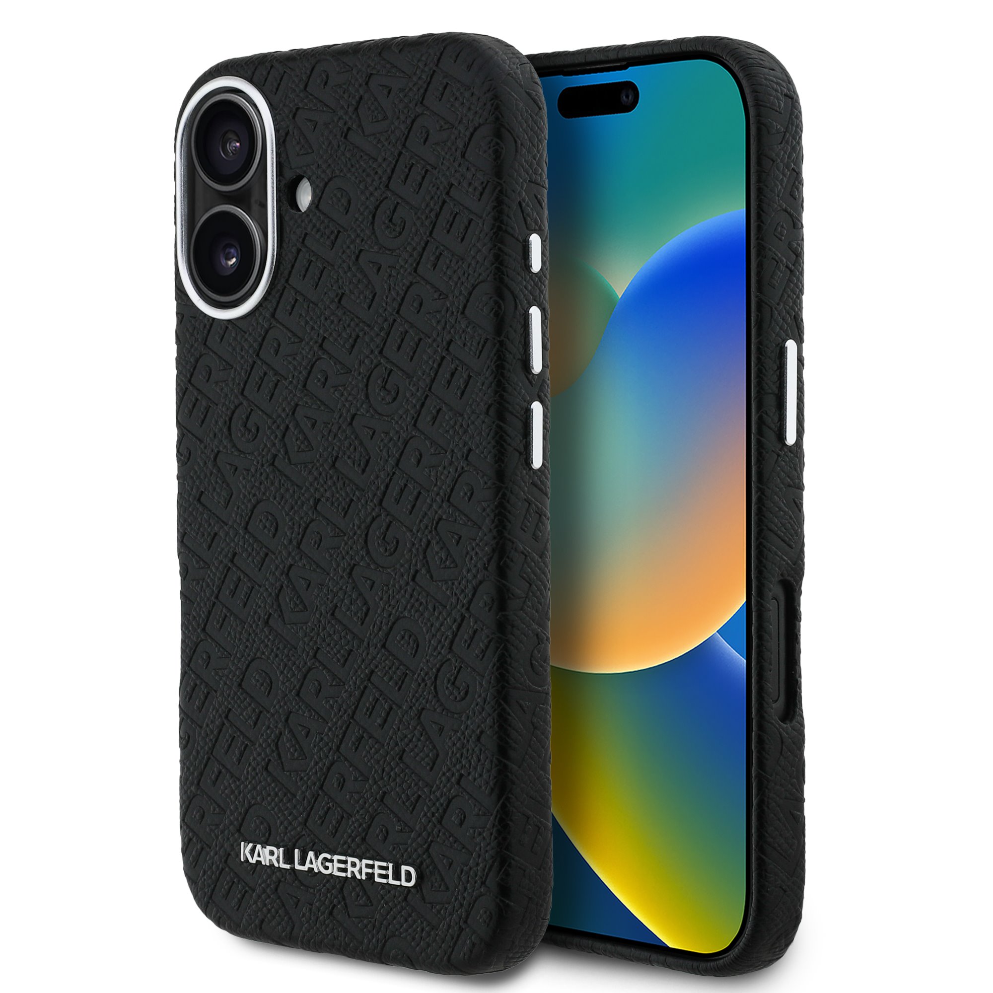 Juodas originalus dėklas Karl Lagerfeld Grained PU Repeated Logo MagSafe telefonui Apple Iphone 16 Juodas originalus dėklas Karl Lagerfeld Grained PU Repeated Logo MagSafe telefonui Apple Iphone 16 juoda spalva ir reljefinis raštas