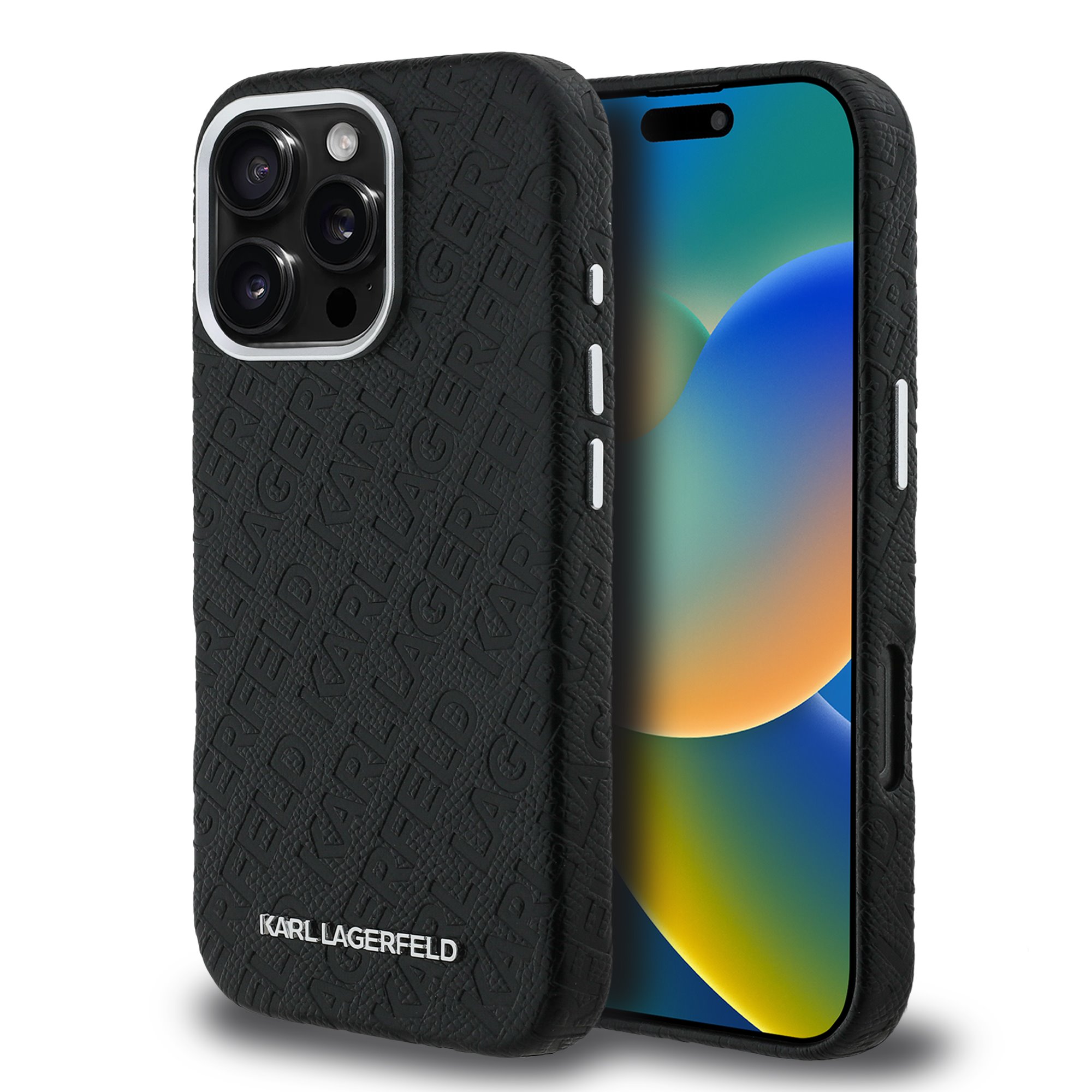 Juodas dėklas Karl Lagerfeld iPhone 16 Pro Juodas originalus dėklas Karl Lagerfeld Grained PU Repeated Logo MagSafe telefonui Apple Iphone 16 Pro su reljefiniu logotipu