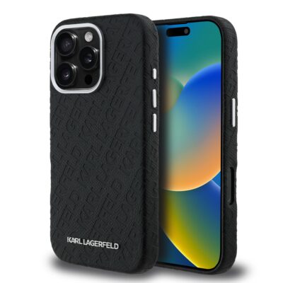 Juodas originalus dėklas Karl Lagerfeld Grained PU Repeated Logo MagSafe telefonui Apple Iphone 16 Pro Max su reljefiniu logotipu