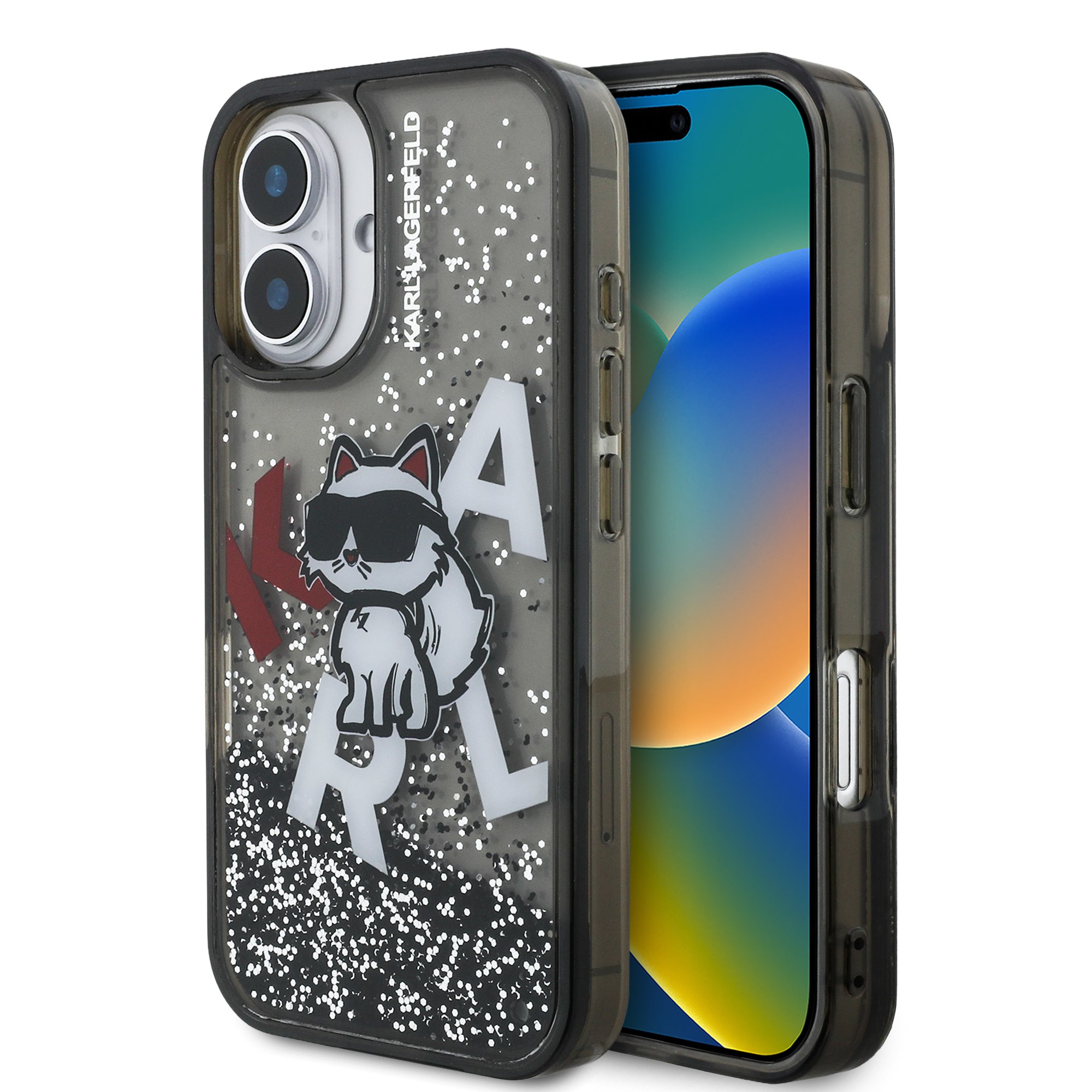 Juodas dėklas telefonui Apple iPhone 16 Karl Lagerfeld Liquid Glitter Scattered Choupette Juodas dėklas telefonui Apple iPhone 16 su karaliskos katės Choupette piešiniu ir blizgančiais elementais