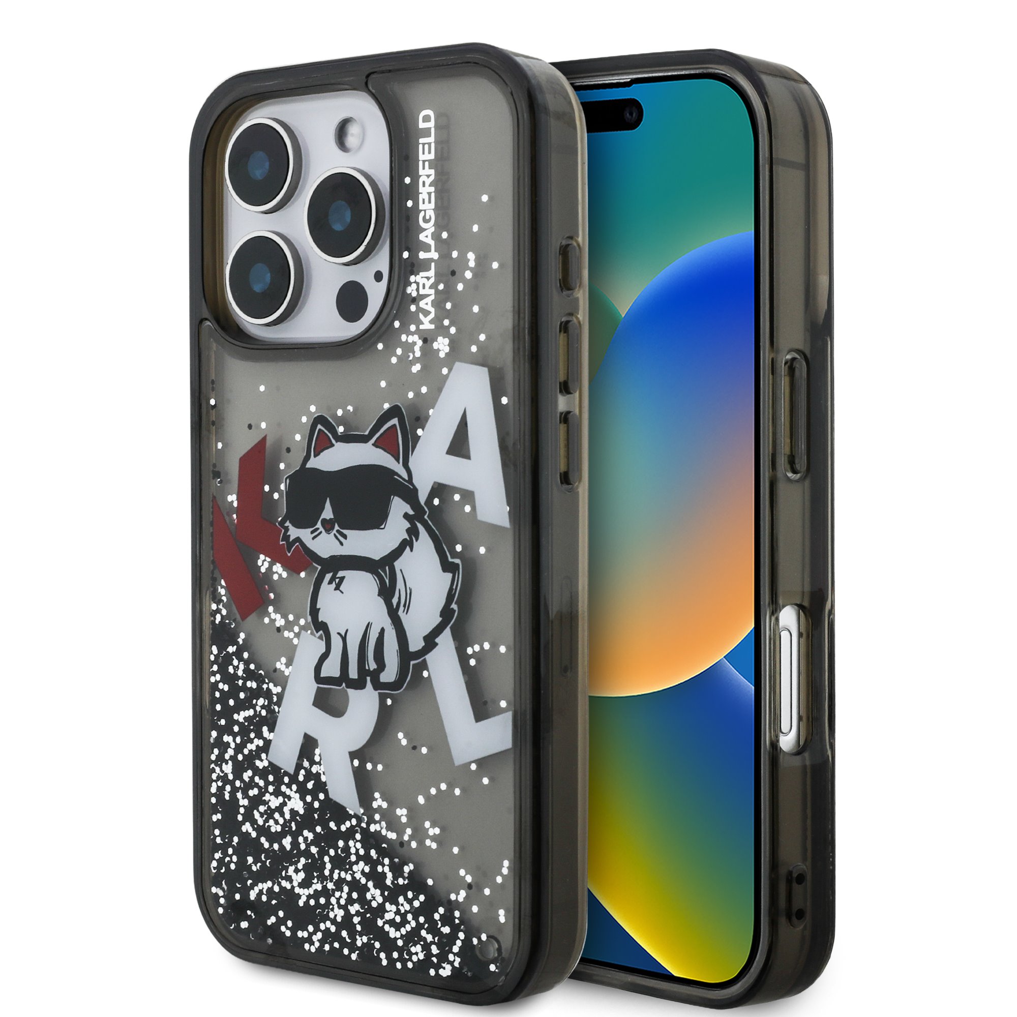 Juodas dėklas Apple iPhone 16 Pro Karl Lagerfeld Juodas dėklas telefonui Apple iPhone 16 Pro Karl Lagerfeld su blizgučiais ir katės piešiniu