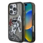 Juodas dėklas telefonui Apple iPhone 16 Pro Max Karl Lagerfeld Liquid Glitter Scattered Choupette su kačiuko piešiniu ir blizgančiomis dalelėmis
