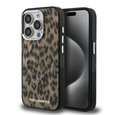 Rudas dėklas Karl Lagerfeld IML Leopard MagSafe skirtas Apple iPhone 15 Pro su žvėries rašto dizainu