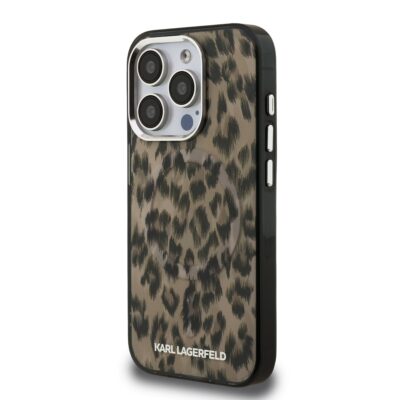 Rudas dėklas Karl Lagerfeld IML Leopard MagSafe telefonui Apple iPhone 15 Pro su gyvūnų rašto dizainu