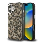 Rudas dėklas Karl Lagerfeld iPhone 16 su leopardo rašto dizainu ir MagSafe funkcija